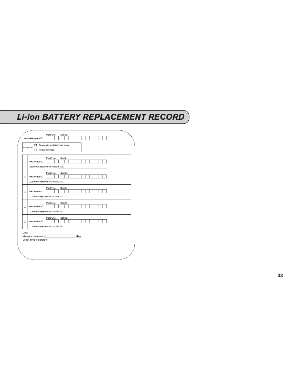 Li-ion battery replacement record | NISSAN 2011 LEAF - Service & Maintenance Guide User Manual | Page 35 / 40