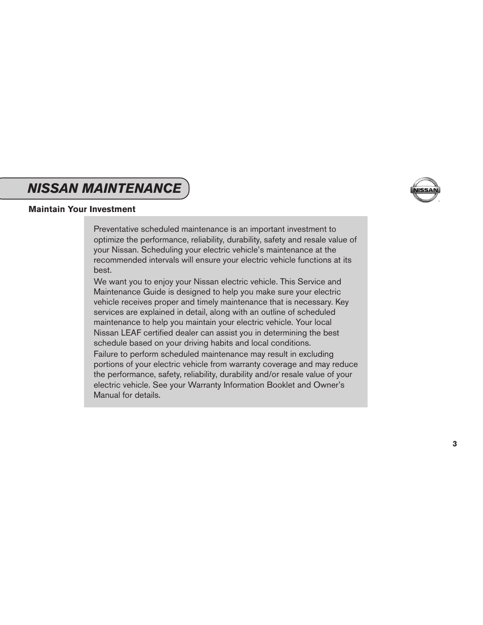 Nissan maintenance | NISSAN 2011 LEAF - Service & Maintenance Guide User Manual | Page 4 / 40