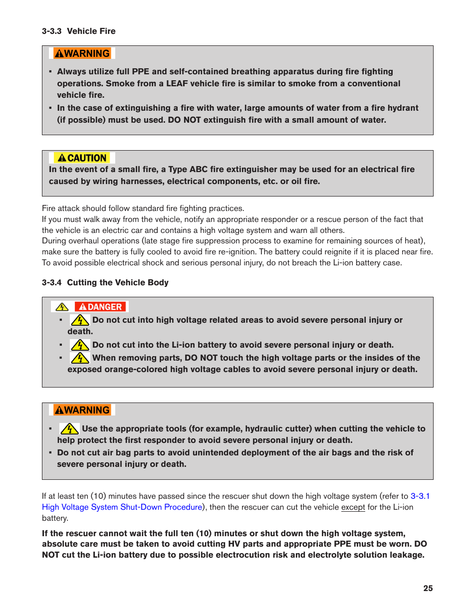 3.3 vehicle fire, 3.4 cutting the vehicle body, 3.3. vehicle fire | 3.4. cutting the vehicle body | NISSAN 2011 LEAF - First Responder's Guide User Manual | Page 25 / 37