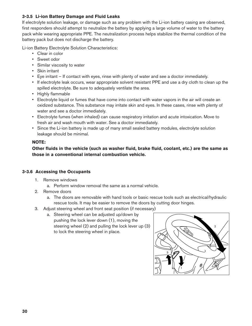 3.5 li-ion battery damage and fluid leaks, 3.6 accessing the occupants, 3.5. li-ion battery damage and fluid leaks | 3.6. accessing the occupants | NISSAN 2011 LEAF - First Responder's Guide User Manual | Page 30 / 37
