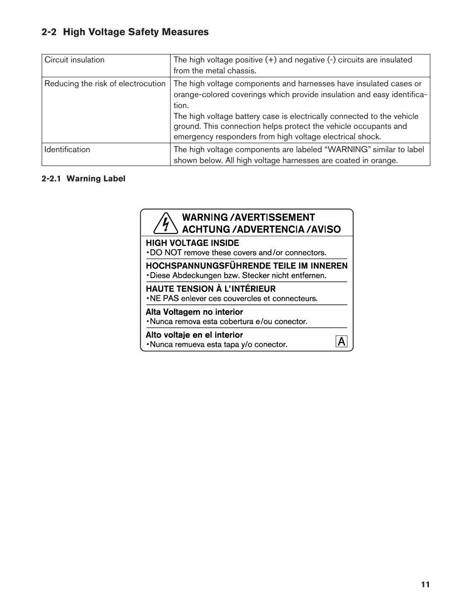 2 high voltage safety measures, 2.1 warning label, 2.1. warning label | NISSAN 2011 LEAF - Dismantling Guide User Manual | Page 11 / 42