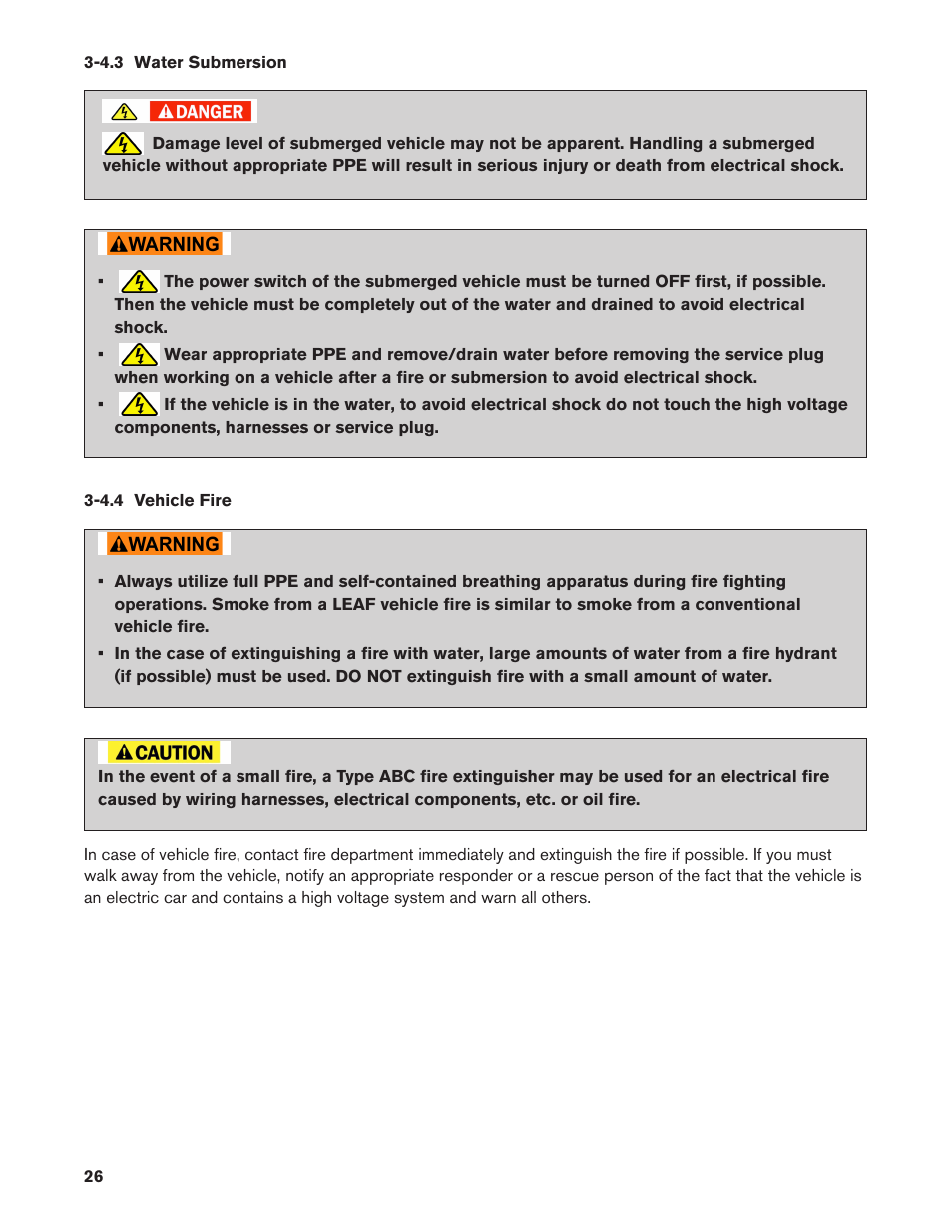 4.3 water submersion, 4.4 vehicle fire, 4.3. water submersion | 4.4. vehicle fire | NISSAN 2011 LEAF - Dismantling Guide User Manual | Page 26 / 42