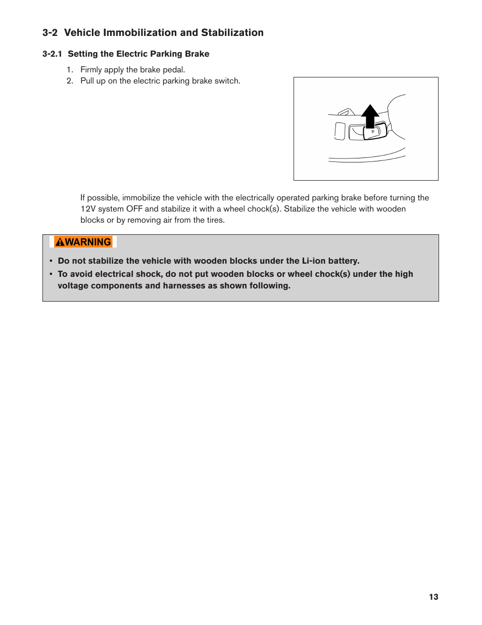 2 vehicle immobilization and stabilization, 2.1 setting the electric parking brake, 2.1. setting the electric parking brake | NISSAN 2011 LEAF - Roadside Assistance Guide User Manual | Page 13 / 38