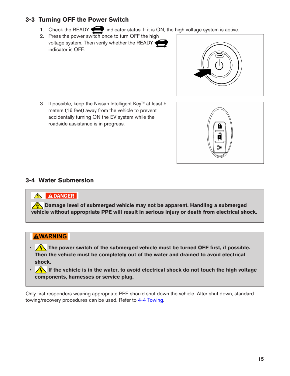 3 turning off the power switch, 4 water submersion | NISSAN 2011 LEAF - Roadside Assistance Guide User Manual | Page 15 / 38