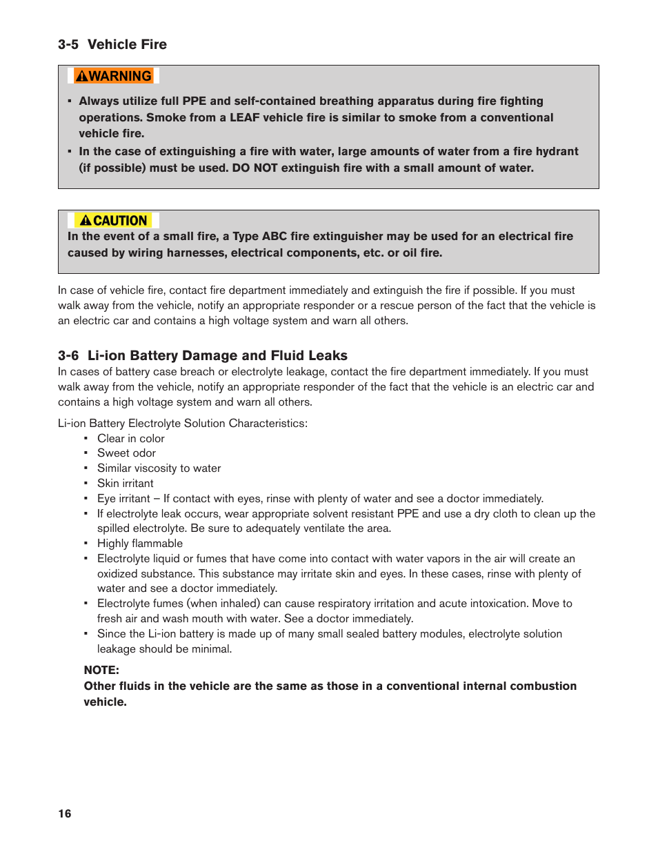 5 vehicle fire, 6 li-ion battery damage and fluid leaks | NISSAN 2011 LEAF - Roadside Assistance Guide User Manual | Page 16 / 38