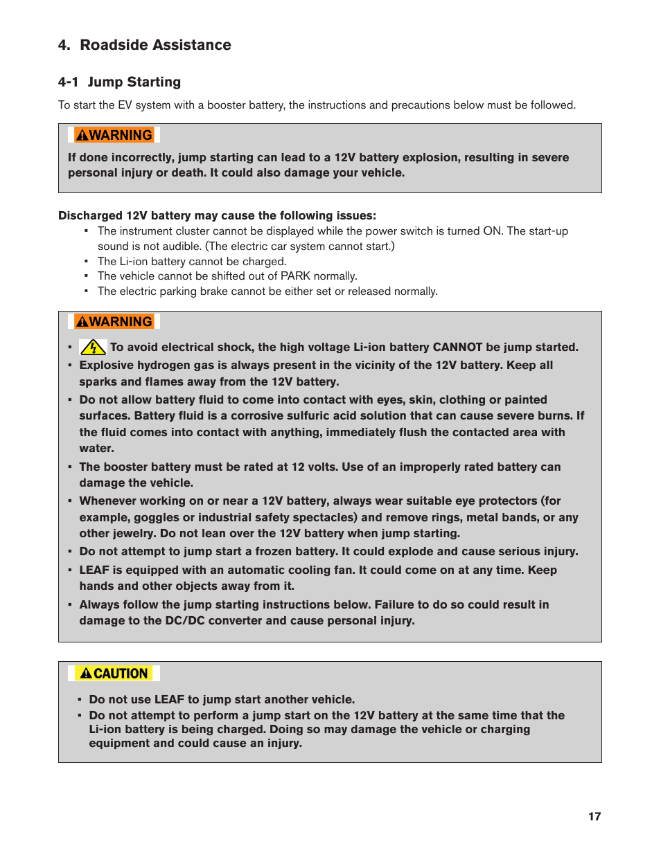 Roadside assistance, 1 jump starting | NISSAN 2011 LEAF - Roadside Assistance Guide User Manual | Page 17 / 38