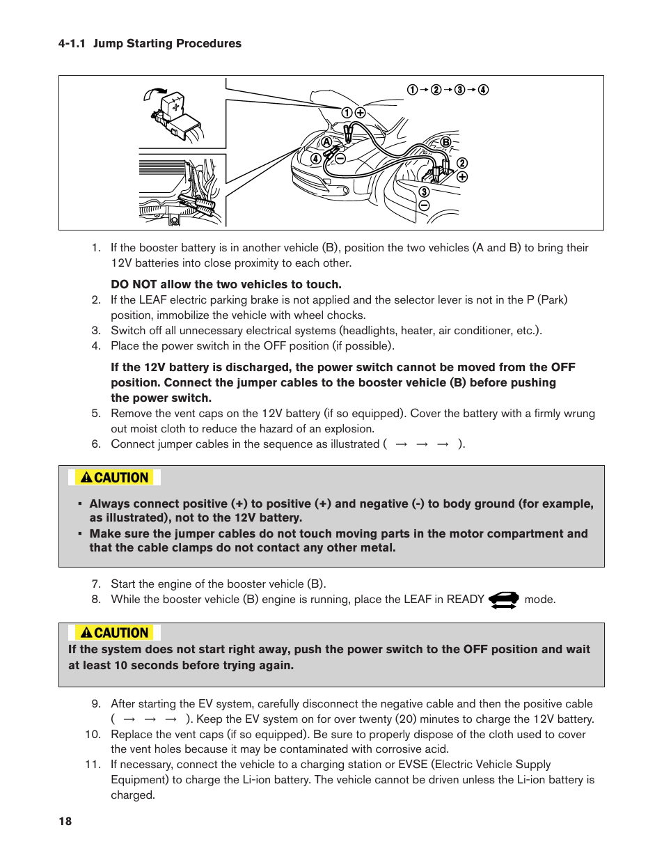 1.1 jump starting procedures, 1.1. jump starting procedures | NISSAN 2011 LEAF - Roadside Assistance Guide User Manual | Page 18 / 38