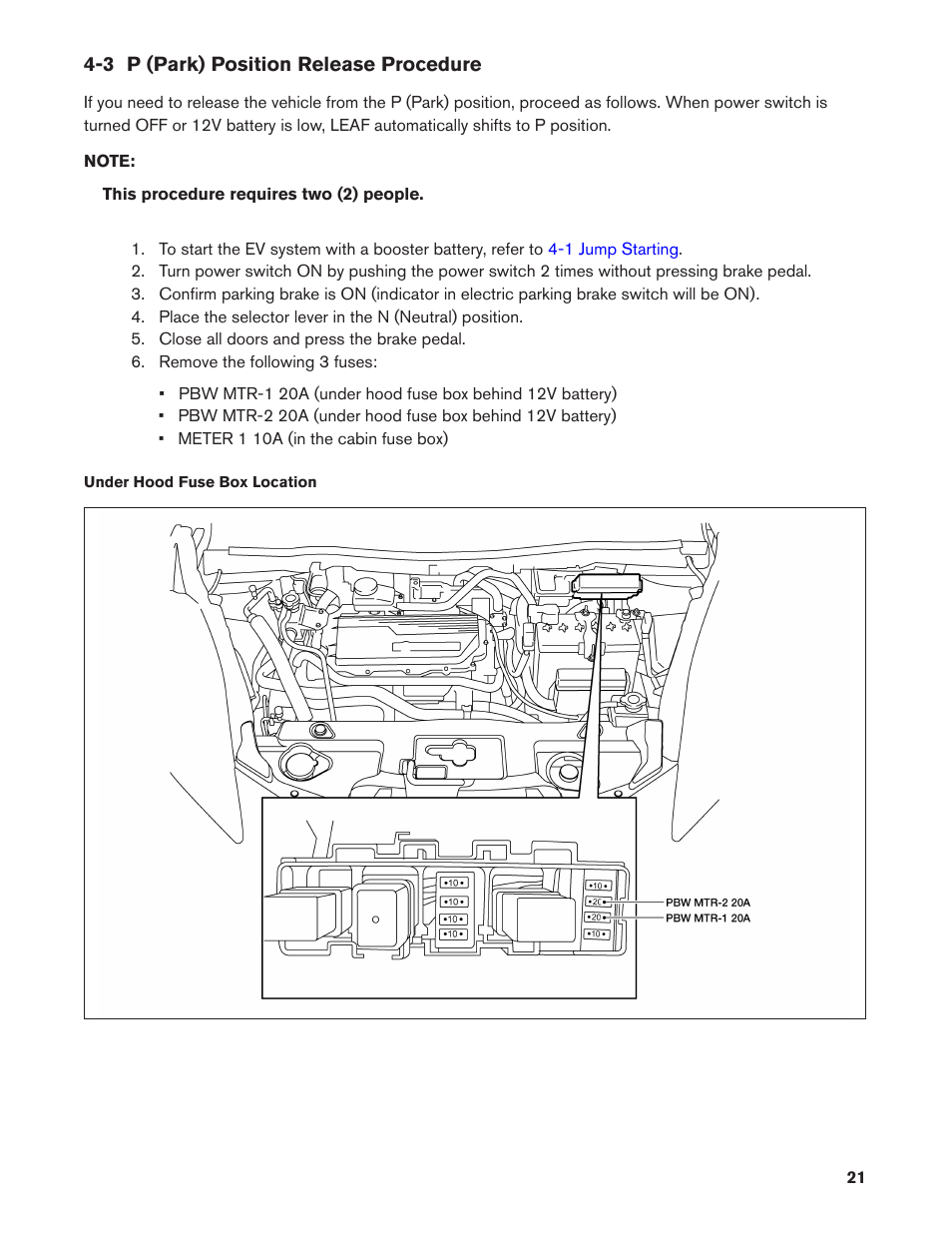 3 p (park) position release procedure | NISSAN 2011 LEAF - Roadside Assistance Guide User Manual | Page 21 / 38