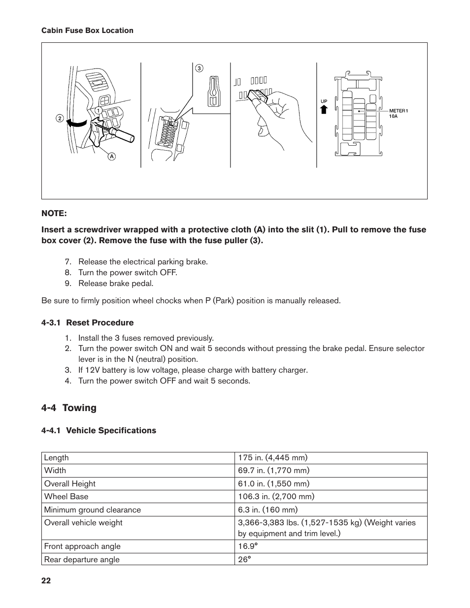 3.1 reset procedure, 4 towing, 4.1 vehicle specifications | 3.1. reset procedure, 4.1. vehicle specifications | NISSAN 2011 LEAF - Roadside Assistance Guide User Manual | Page 22 / 38