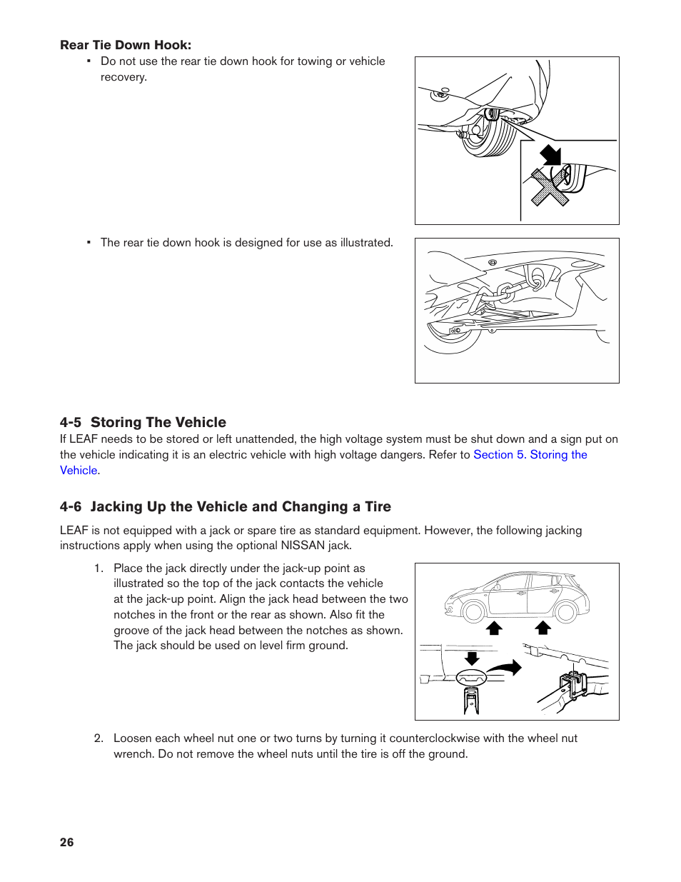 5 storing the vehicle, 6 jacking up the vehicle and changing a tire | NISSAN 2011 LEAF - Roadside Assistance Guide User Manual | Page 26 / 38