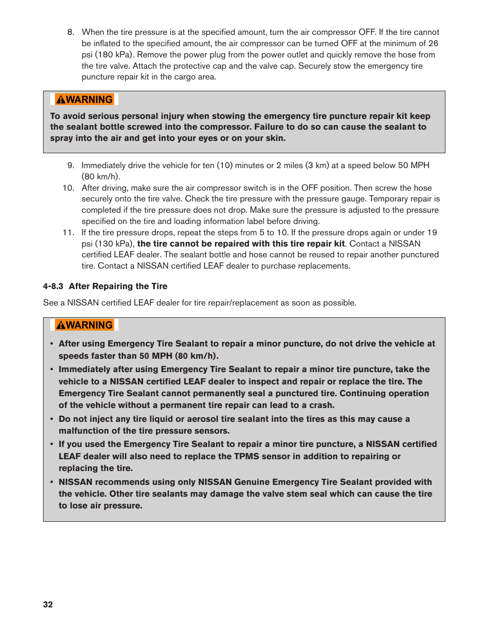 8.3 after repairing the tire, 8.3. after repairing the tire | NISSAN 2011 LEAF - Roadside Assistance Guide User Manual | Page 32 / 38