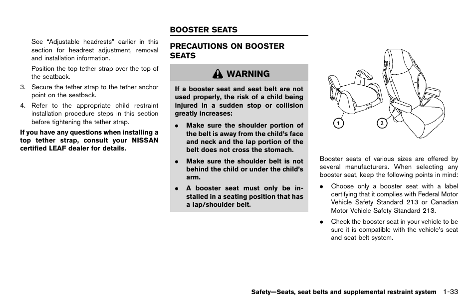 Booster seats -33, Precautions on booster seats -33, Warning | NISSAN 2012 LEAF - Owner's Manual User Manual | Page 118 / 354