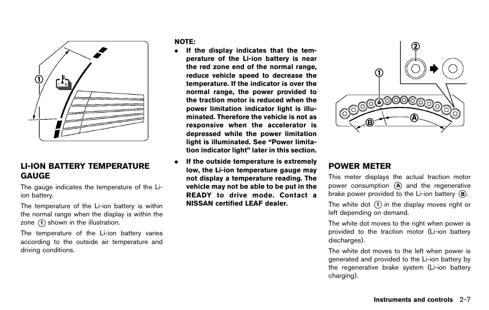 Li-ion battery temperature gauge -7 power meter -7 | NISSAN 2012 LEAF - Owner's Manual User Manual | Page 144 / 354