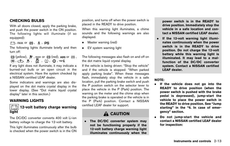 Checking bulbs -13 warning lights -13, Caution | NISSAN 2012 LEAF - Owner's Manual User Manual | Page 150 / 354