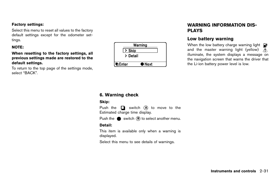 Warning information displays -31 | NISSAN 2012 LEAF - Owner's Manual User Manual | Page 168 / 354