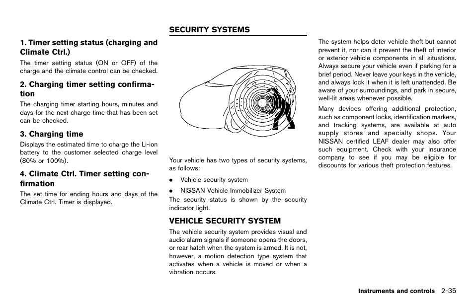 Security systems -35, Vehicle security system -35 | NISSAN 2012 LEAF - Owner's Manual User Manual | Page 172 / 354