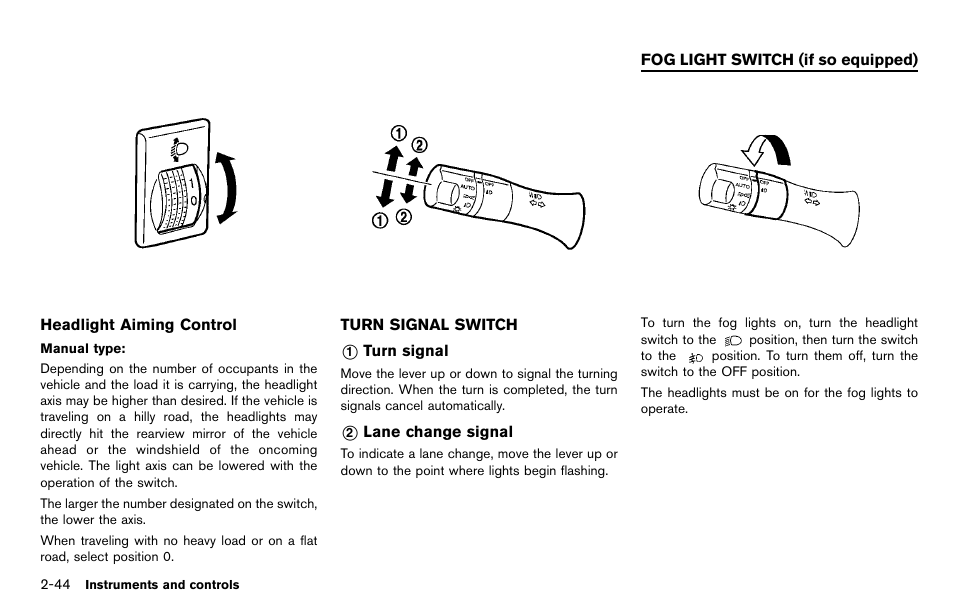 Turn signal switch -44, Fog light switch (if so equipped) -44 | NISSAN 2012 LEAF - Owner's Manual User Manual | Page 181 / 354