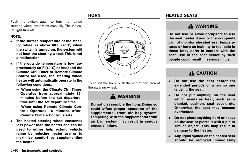 Horn -46 heated seats -46, Warning, Caution | NISSAN 2012 LEAF - Owner's Manual User Manual | Page 183 / 354