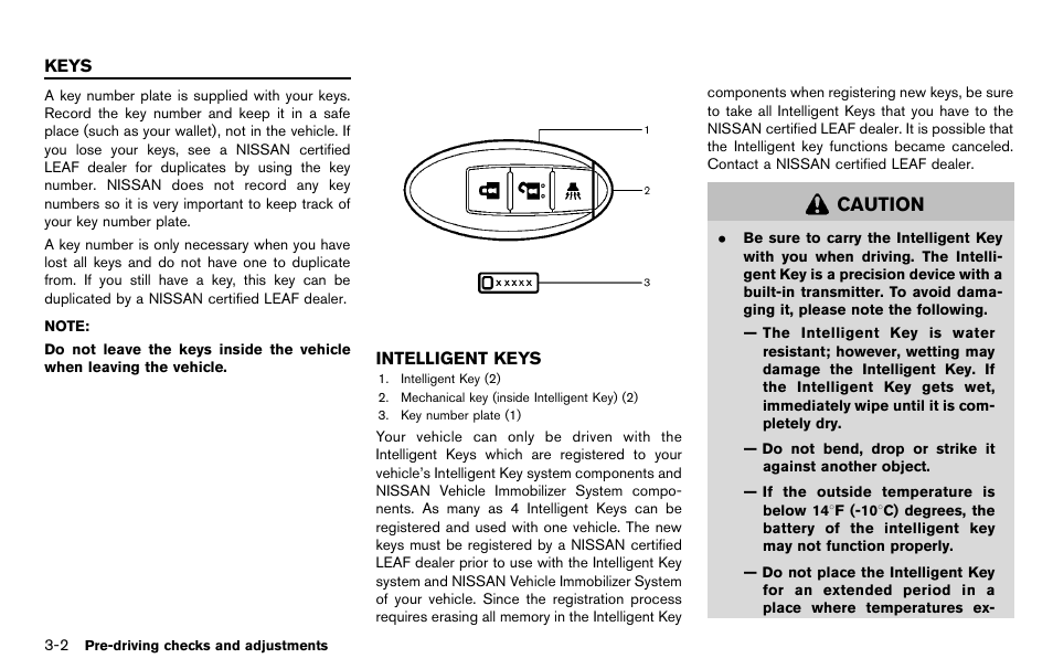 Keys -2, Intelligent keys, Caution | NISSAN 2012 LEAF - Owner's Manual User Manual | Page 201 / 354