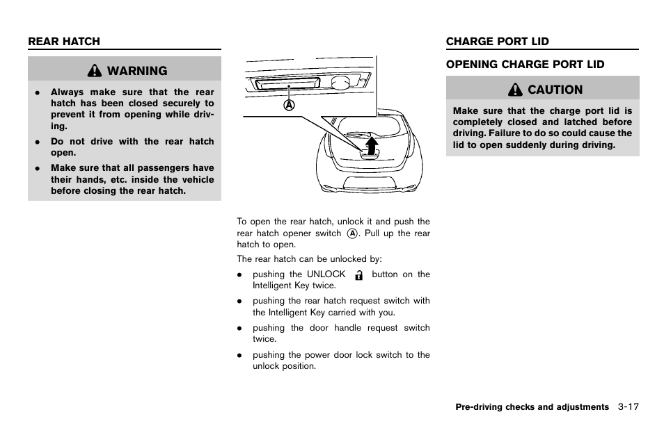 Rear hatch -17 charge port lid -17, Opening charge port lid -17 | NISSAN 2012 LEAF - Owner's Manual User Manual | Page 216 / 354