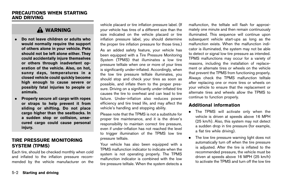 Precautions when starting and driving -2, Tire pressure monitoring system (tpms) -2, Warning | NISSAN 2012 LEAF - Owner's Manual User Manual | Page 237 / 354