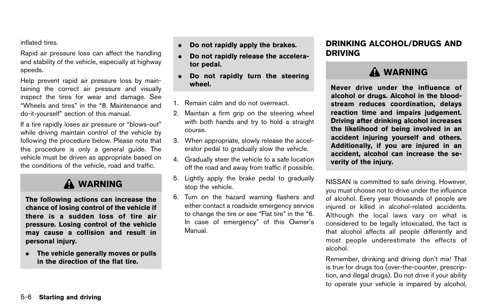 Drinking alcohol/drugs and driving -6, Warning | NISSAN 2012 LEAF - Owner's Manual User Manual | Page 241 / 354