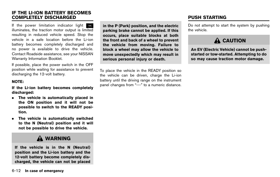 Push starting -12 | NISSAN 2012 LEAF - Owner's Manual User Manual | Page 275 / 354