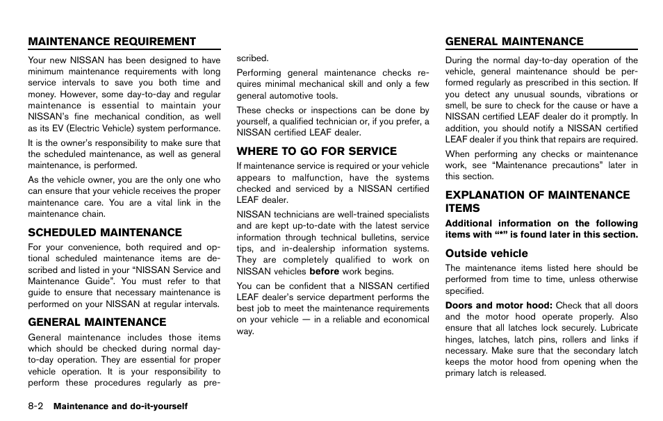 Maintenance requirement -2, General maintenance -2, Explanation of maintenance items -2 | NISSAN 2012 LEAF - Owner's Manual User Manual | Page 291 / 354