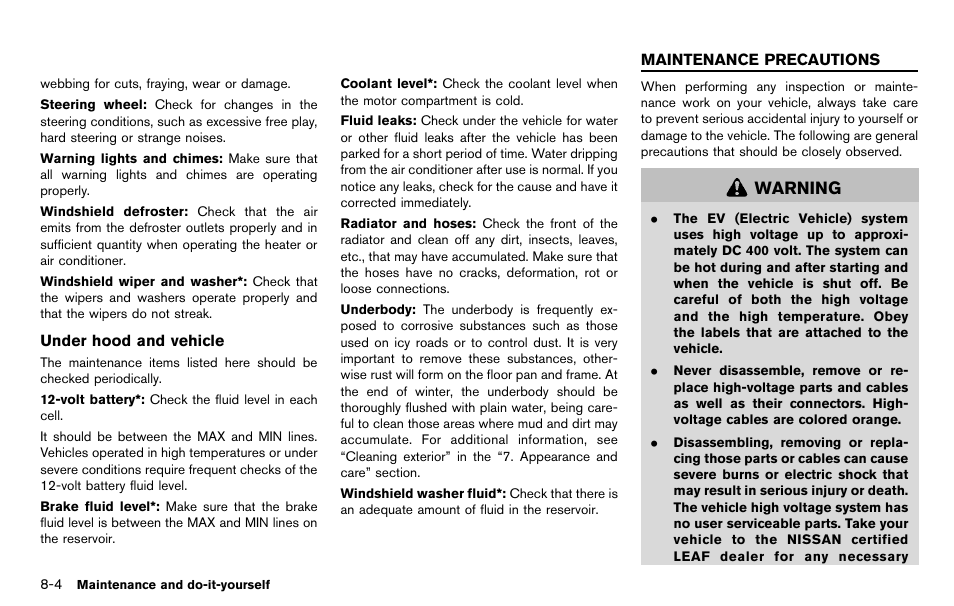 Maintenance precautions -4, Warning | NISSAN 2012 LEAF - Owner's Manual User Manual | Page 293 / 354