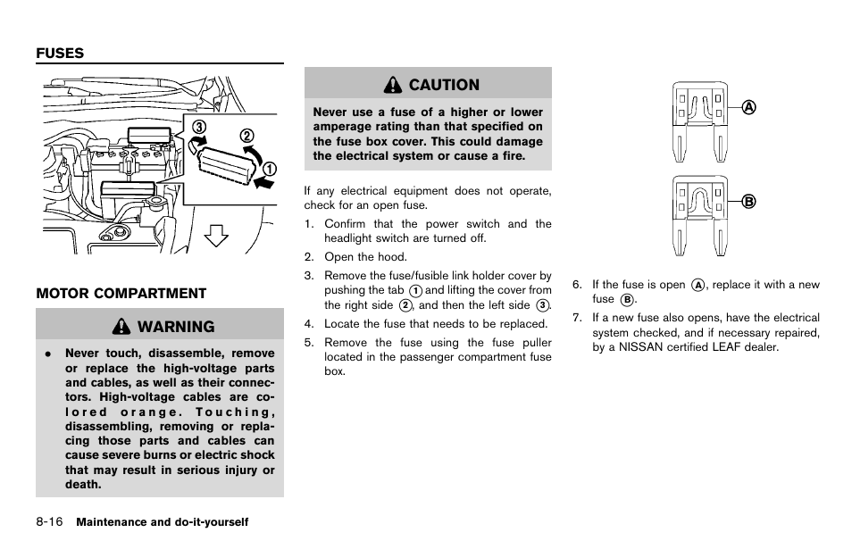 Fuses -16, Motor compartment -16 | NISSAN 2012 LEAF - Owner's Manual User Manual | Page 305 / 354