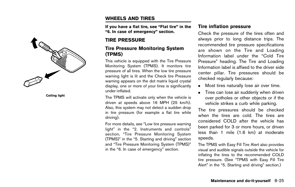 Wheels and tires -25, Tire pressure -25 | NISSAN 2012 LEAF - Owner's Manual User Manual | Page 314 / 354