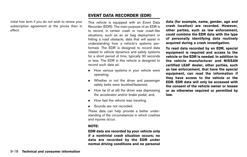 Event data recorder (edr) -18 | NISSAN 2012 LEAF - Owner's Manual User Manual | Page 341 / 354