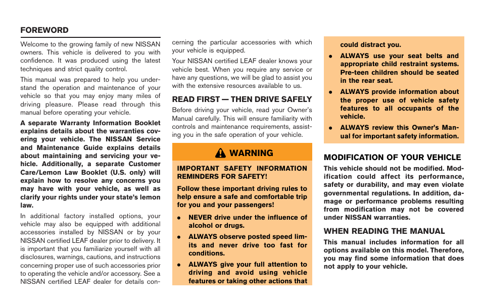 Warning | NISSAN 2012 LEAF - Owner's Manual User Manual | Page 7 / 354