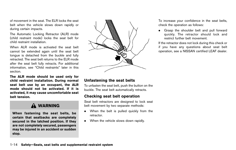Warning | NISSAN 2012 LEAF - Owner's Manual User Manual | Page 99 / 354