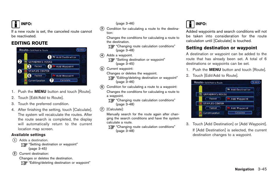 Editing route -45 | NISSAN 2012 LEAF - Navigation System Owner's Manual User Manual | Page 101 / 259