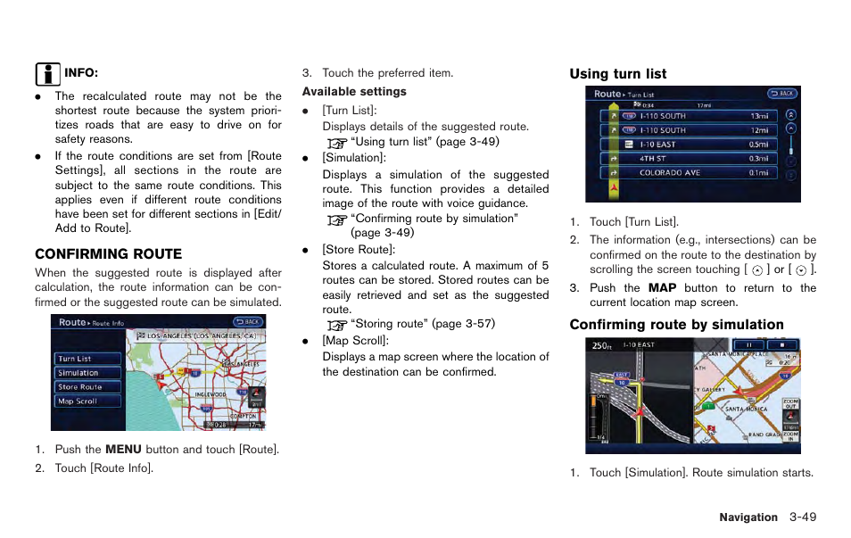 Confirming route -49 | NISSAN 2012 LEAF - Navigation System Owner's Manual User Manual | Page 105 / 259