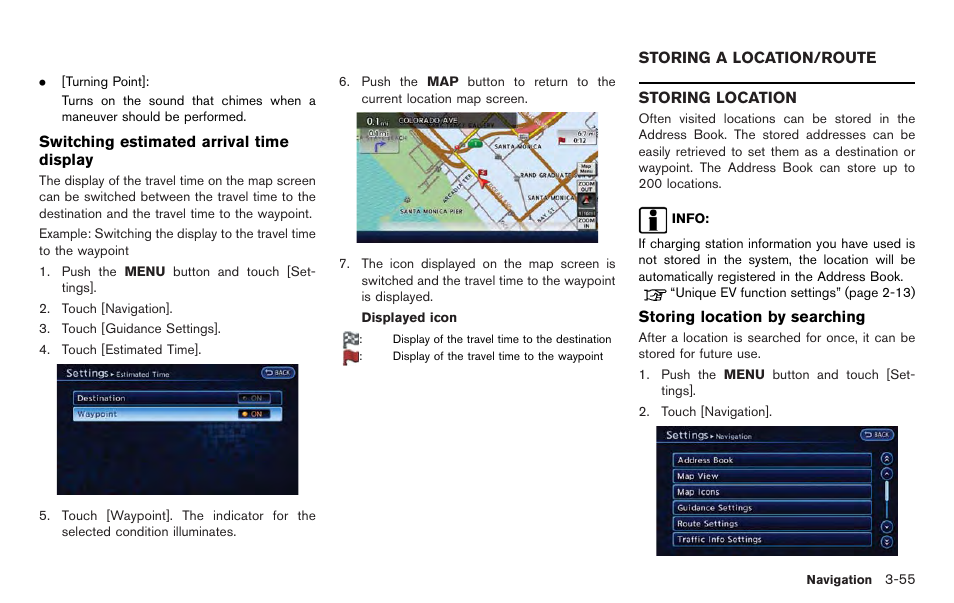Storing a location/route -55, Storing location -55 | NISSAN 2012 LEAF - Navigation System Owner's Manual User Manual | Page 111 / 259