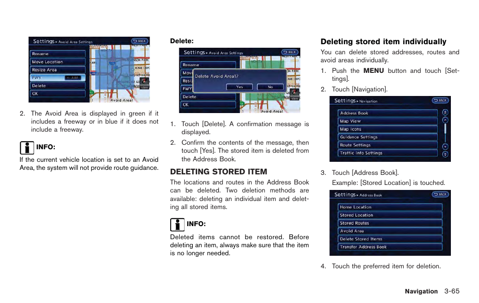 Deleting stored item -65 | NISSAN 2012 LEAF - Navigation System Owner's Manual User Manual | Page 121 / 259