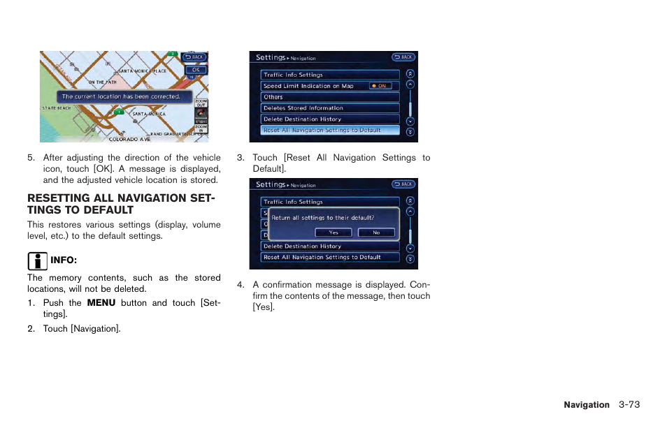 Resetting all navigation settings to default -73 | NISSAN 2012 LEAF - Navigation System Owner's Manual User Manual | Page 129 / 259