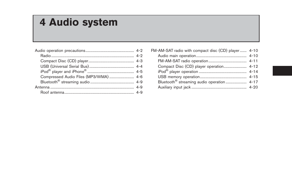 Audio system, 4 audio system | NISSAN 2012 LEAF - Navigation System Owner's Manual User Manual | Page 131 / 259