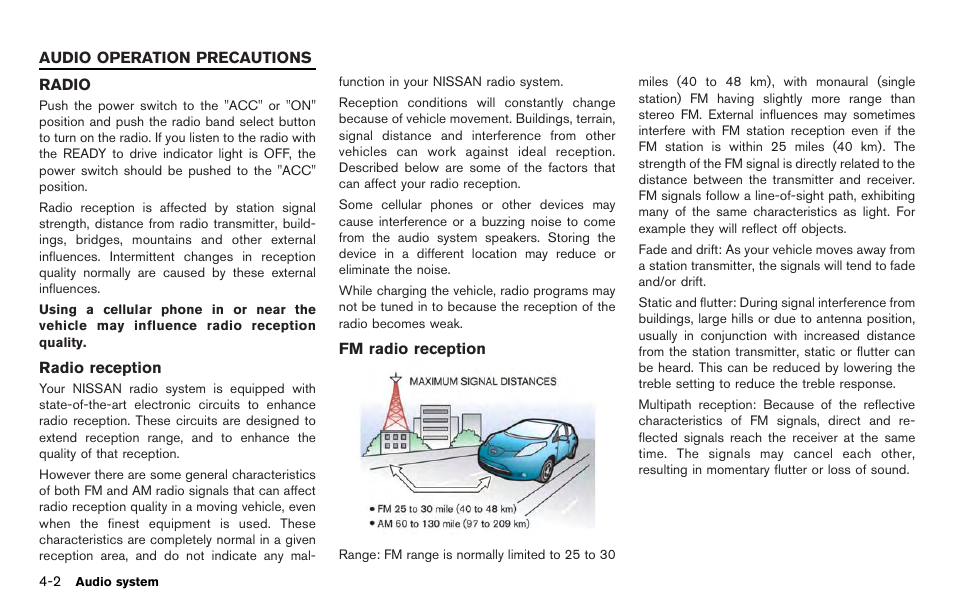 Audio operation precautions -2, Radio -2 | NISSAN 2012 LEAF - Navigation System Owner's Manual User Manual | Page 132 / 259