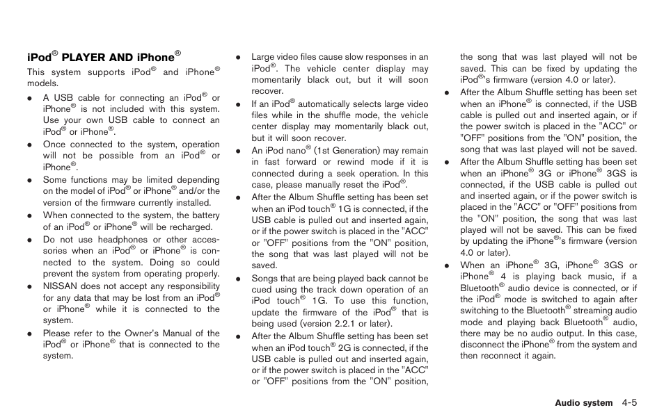 Ipod, Player and iphone | NISSAN 2012 LEAF - Navigation System Owner's Manual User Manual | Page 135 / 259