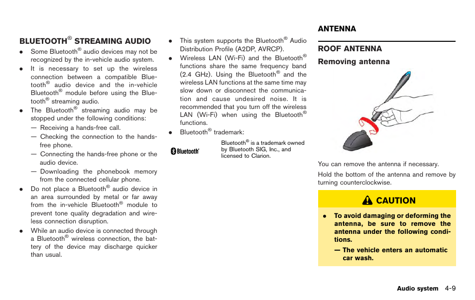 Bluetooth, Streaming audio -9, Antenna -9 | Roof antenna -9, Caution | NISSAN 2012 LEAF - Navigation System Owner's Manual User Manual | Page 139 / 259