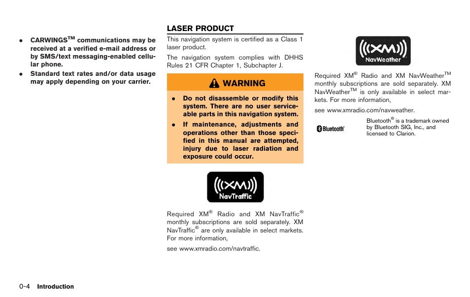 Laser product -4, Warning | NISSAN 2012 LEAF - Navigation System Owner's Manual User Manual | Page 14 / 259