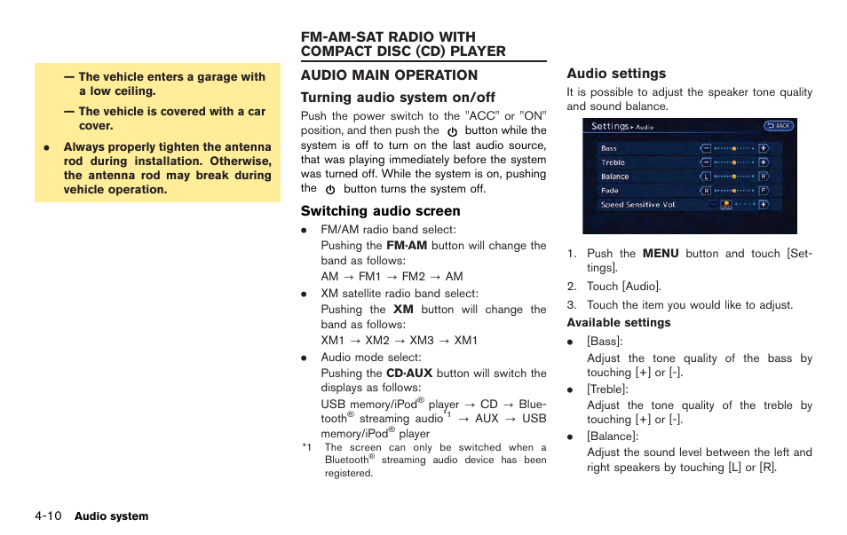 Fm-am-sat radio with compact disc (cd) player -10, Audio main operation -10 | NISSAN 2012 LEAF - Navigation System Owner's Manual User Manual | Page 140 / 259