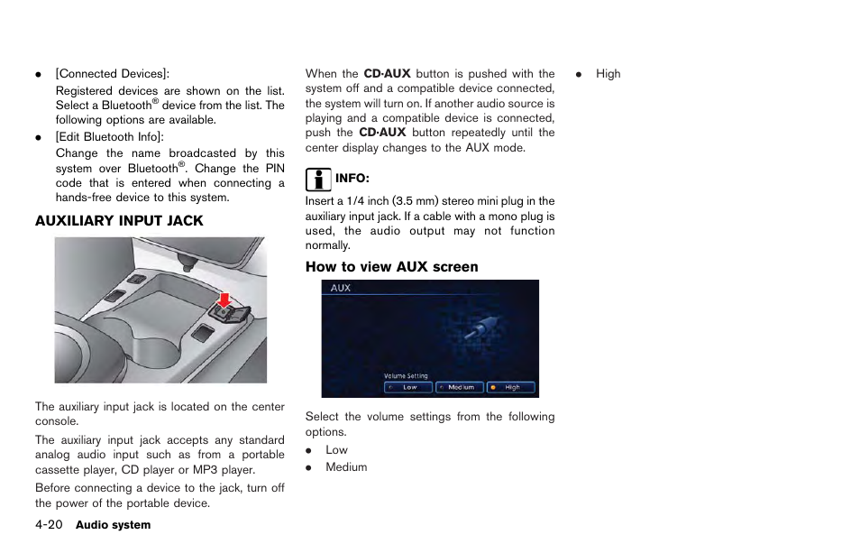 Auxiliary input jack -20 | NISSAN 2012 LEAF - Navigation System Owner's Manual User Manual | Page 150 / 259