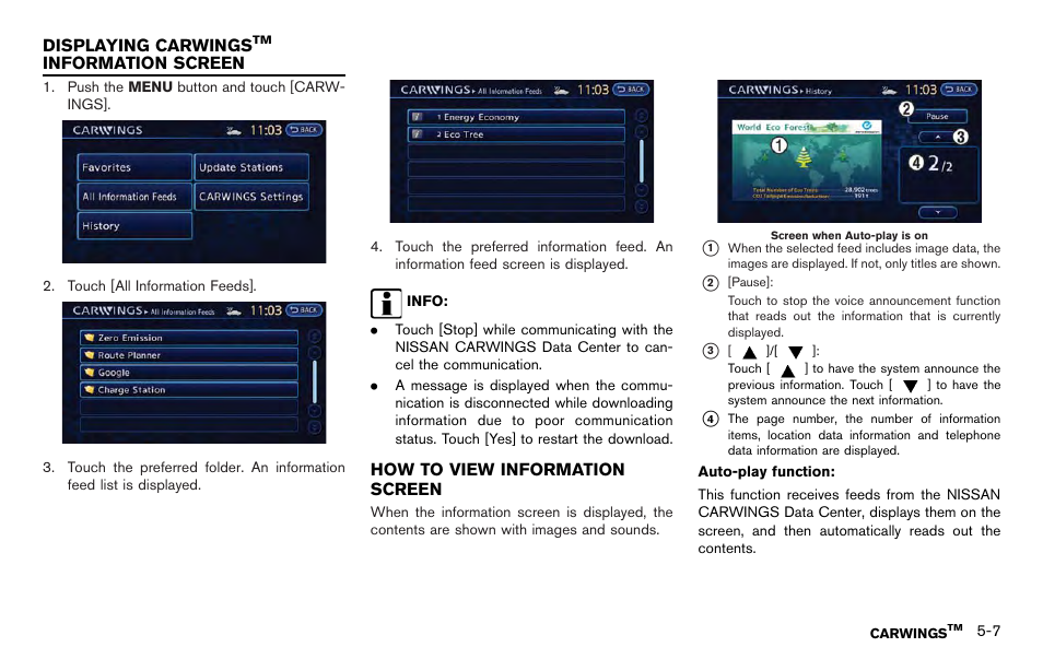 Displaying carwings, Information screen -7, How to view information screen -7 | NISSAN 2012 LEAF - Navigation System Owner's Manual User Manual | Page 157 / 259