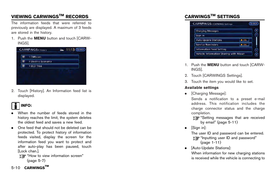 Viewing carwings, Records -10, Carwings | Settings -10 | NISSAN 2012 LEAF - Navigation System Owner's Manual User Manual | Page 160 / 259