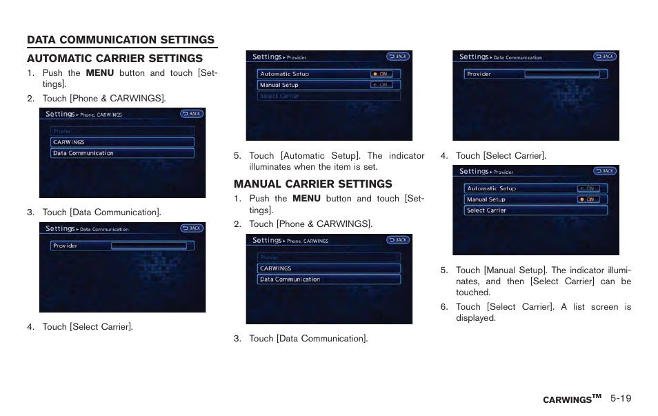 Data communication settings -19 | NISSAN 2012 LEAF - Navigation System Owner's Manual User Manual | Page 169 / 259
