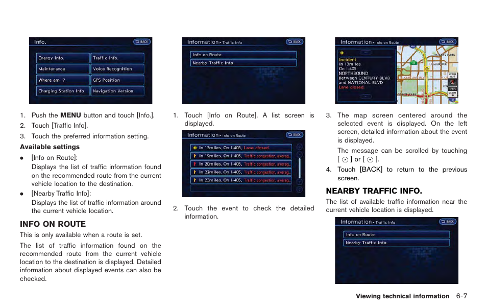 Info on route -7 nearby traffic info -7 | NISSAN 2012 LEAF - Navigation System Owner's Manual User Manual | Page 177 / 259